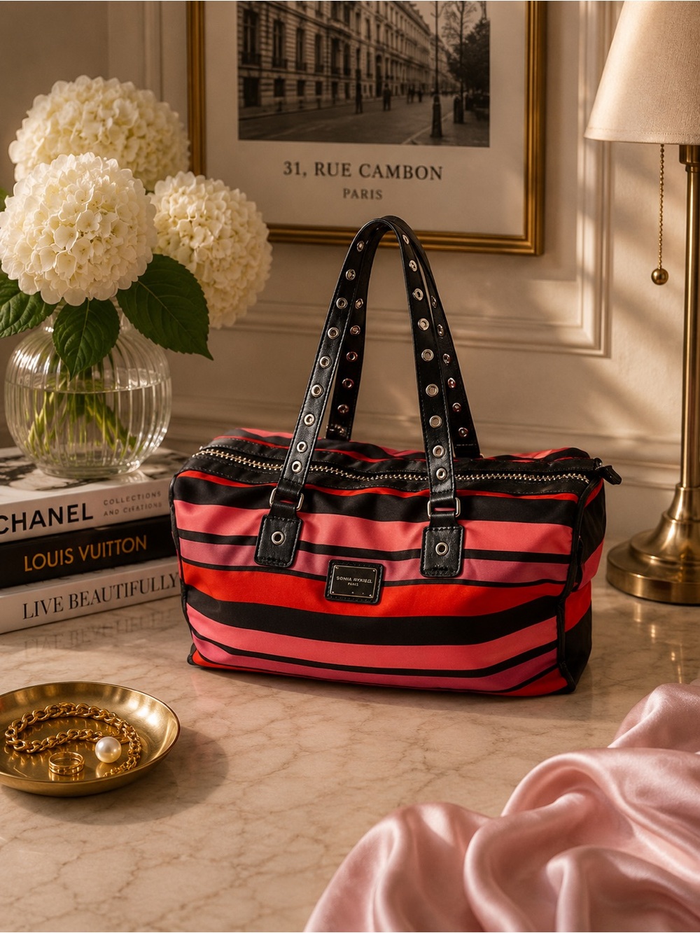 Sonia Rykiel Paris Striped Nylon Weekender Duffel Bag Pink Red Black Tote